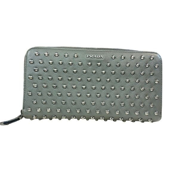 Rare Prada Studded Gray Leather Large Organizer Zip Around Wallet - Picture 1 of 12
